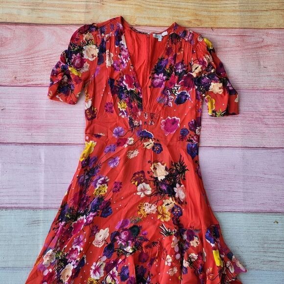 Studio by Preen Red Floral Print Short Sleeve Ruffle Asymmetric Hem Dress 6US - Picture 4 of 8
